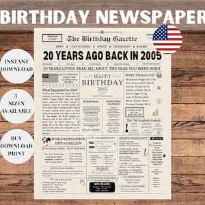 20th Birthday Newspaper Sign, 20th Birthday Gift, What Happened in 2005, 20 Years Ago Back in 2005 Poster, 2005 Highlights, Instant Download
