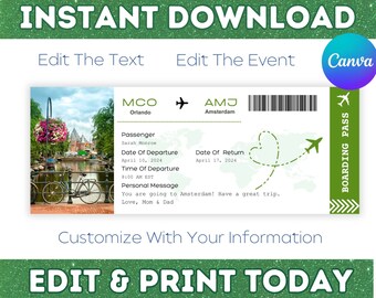 Amsterdam Boarding Pass Ticket, Printable Airline Ticket Trip Reveal, Printable Tickets Surprise Amsterdam Trip Ticket Downloadable