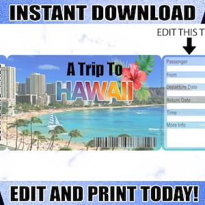 Hawaii Boarding Pass Ticket, Printable Airline Ticket Trip Reveal, Printable Tickets, Surprise Hawaii Trip Ticket Downloadable