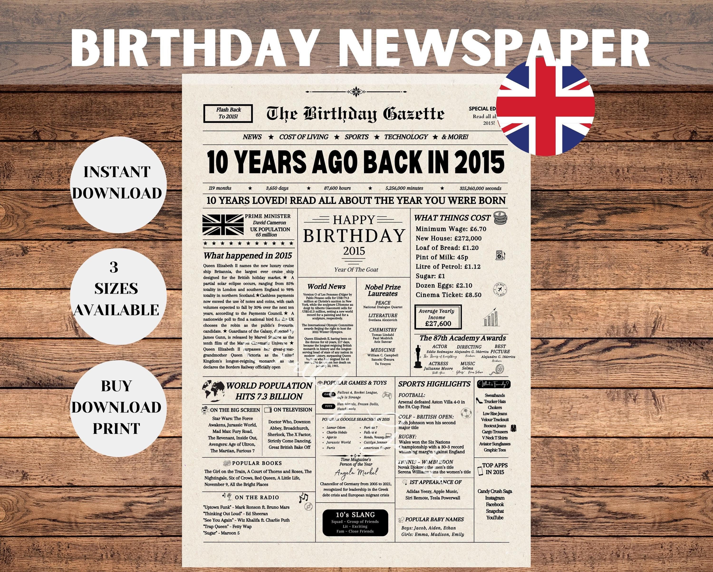 10th Birthday Newspaper Sign 2015 UK, 10th Birthday Gift for boys or Girls, Kids Party Decor, Birth Year Gifts, Instant Download