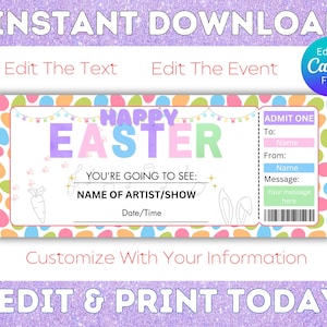 Oster-Konzertkarte, Osterkorb-Geschenke, druckbare Konzertkarte, Ostergeschenk für Kinder, bearbeitbares Ticket, Überraschungs-Konzertkartengeschenk