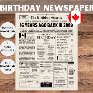 16th Birthday Newspaper Canada, 16th Birthday Gift for Teenagers, Back in 2000, Sweet 16 Birthday Decorations, Canada Newspaper