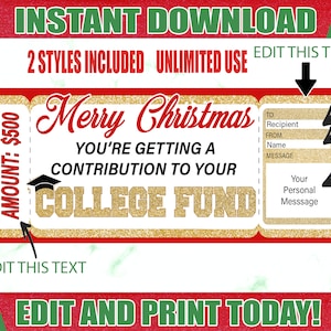 Editable Gift Certificate College Fund Gift Christmas College Fund Gift ...