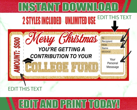 Editable Gift Certificate College Fund Gift Christmas College - Etsy