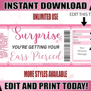 Ears Pierced Gift Certificate , Printable Gift Certificate for Ear ...