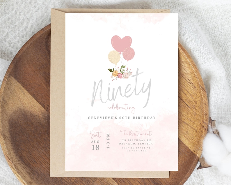 May include: A pink and white birthday invitation with a watercolor background. The invitation says "Ninety celebrating Genevieve's 90th Birthday". The invitation also includes the date, time, and location of the party.