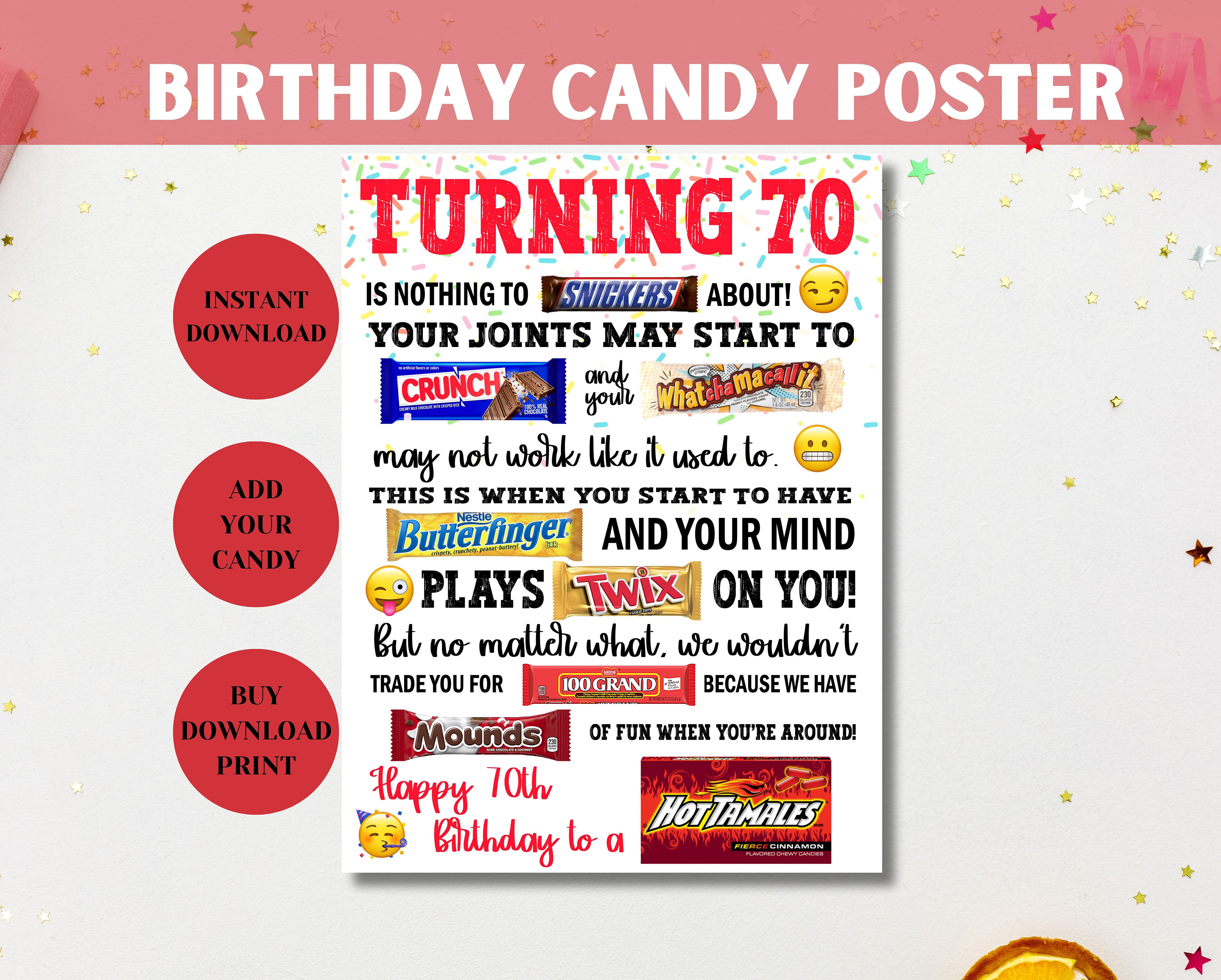 70th Birthday Candy Poster, Birthday Candy Sign, 70th Birthday Gifts, Candy Gram Sign, Birthday Puns, Unique Birthday Sign