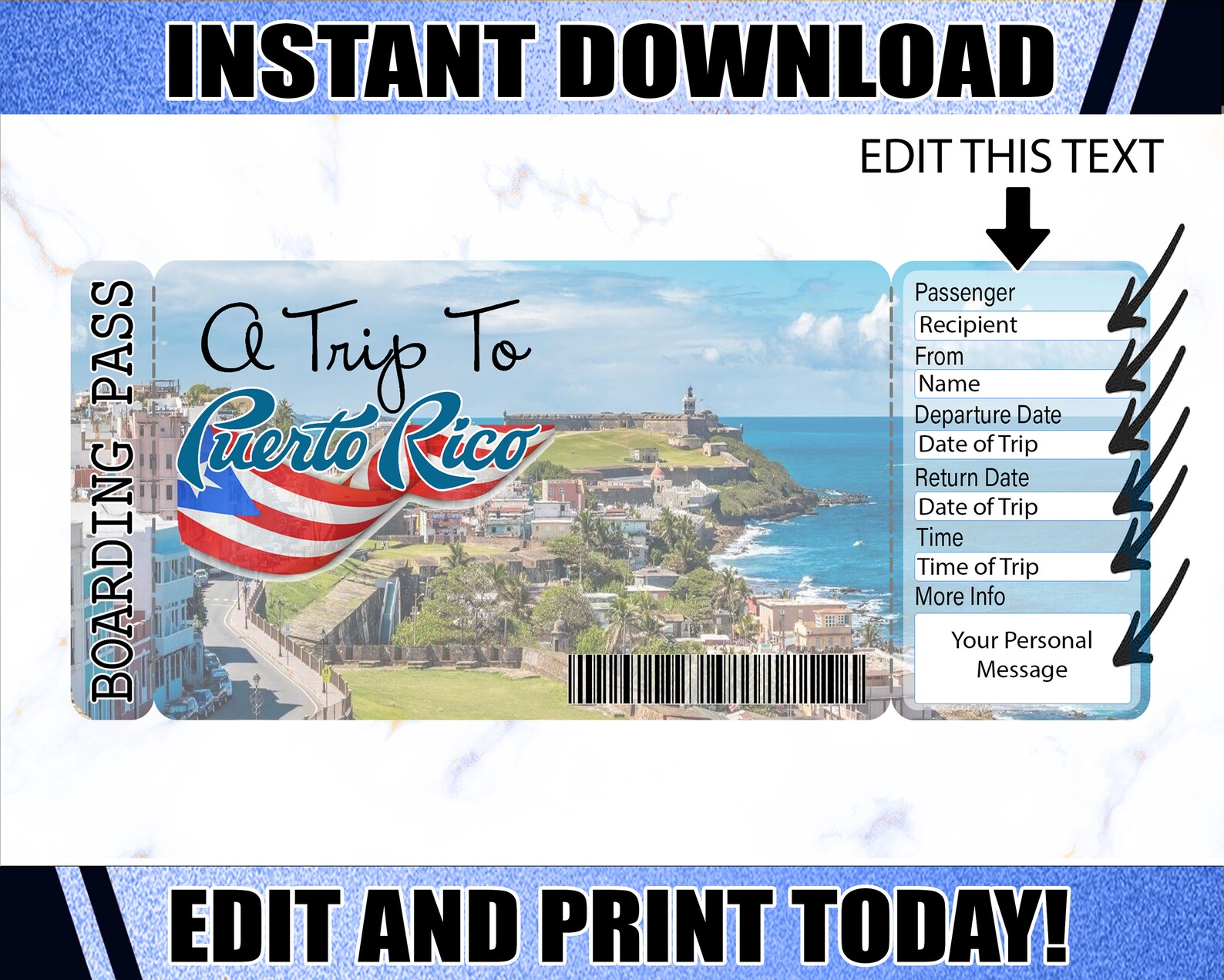 Puerto Rico Boarding Pass Ticket Printable Airline Ticket Etsy