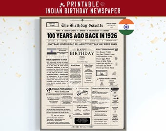 Back in 1926 India 100th Birthday Newspaper Poster, 1926 Birth Year Facts & Highlights, Indian Edition, Instant Download