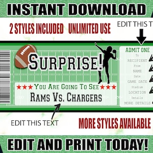 Puede incluir: Un boleto imprimible verde y blanco con el texto "SURPRISE!" y "YOU ARE GOING TO SEE RAMS VS. CHARGERS" en letras negras en negrita. El boleto tiene un balón de fútbol y la silueta de un jugador de fútbol. El texto "EDIT THIS TEXT" aparece en la parte inferior del boleto.