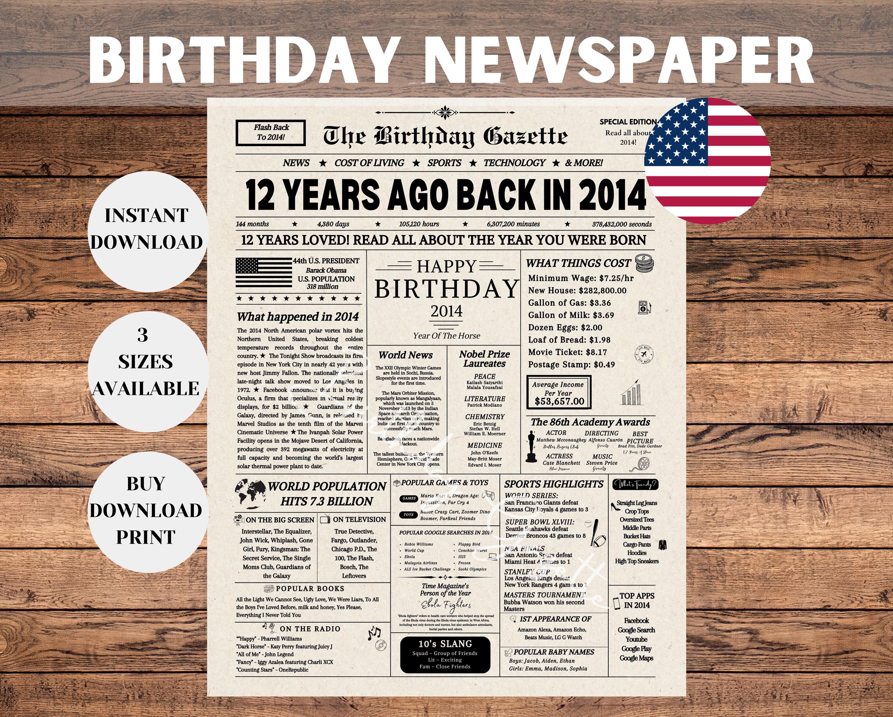 12th Birthday Newspaper Sign, 12th Birthday Gift for Kids, What