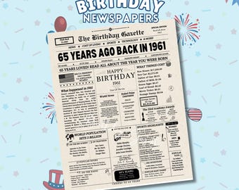 65th Birthday Newspaper Sign 1961, Easy Printable Birthday Gifts, 65th Birthday Gift for Men or Women, Back in 1961, Instant Download