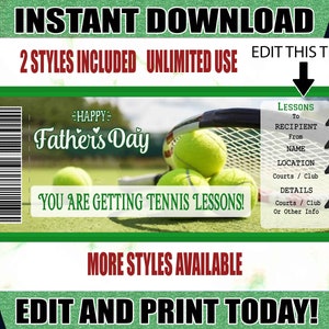 Billet de cours de tennis, billet de tennis fête des pères, billet de tennis imprimable, billet de cours de tennis modifiable fête des pères