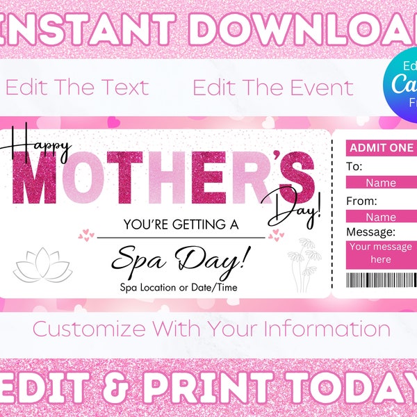 Mother's Day Gift Ideas, Gift For Mom, Mother's Day Gift Ticket, Spa Day Ticket , Printable Gift Ticket , Editable Ticket , Spa Coupon