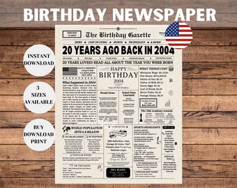 20th Birthday Newspaper Sign, 20th Birthday Gift, What Happened in 2004, 20 Years Ago Back in 2004 Poster, 2004 Highlights, Instant Download