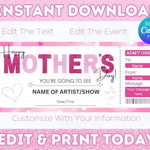 Muttertags-Konzertticket-Download, Geschenkenthüllungsticket, Muttertagsgutschein, Geschenk für Mutter, druckbares Konzertgeschenkticket, bearbeitbares Ticket
