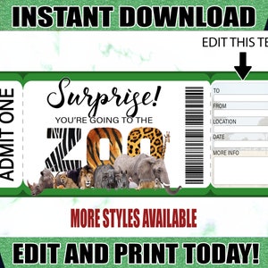 Zoo Printable Ticket. Überraschungs-Zoo-Eintrittskarte. Druckbare Zoo Geschenkkarte. Bearbeitbares Zooticket. Druckbare Tickets.