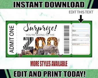 Zoo Printable Ticket. Surprise Zoo Ticket. Printable Zoo Gift Ticket. Editable Zoo Ticket. Printable Tickets.
