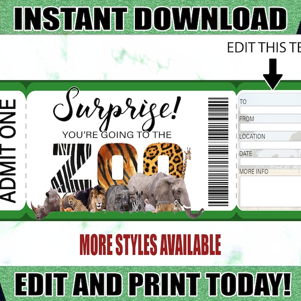 Zoo Printable Ticket. Surprise Zoo Ticket. Printable Zoo Gift Ticket. Editable Zoo Ticket. Printable Tickets.