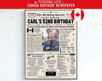 52nd Birthday Newspaper Poster Sign Canada, 52nd Birthday Gift for Men or Women, 1974 Birthday, 52 Years Ago Back in 1974, Canada Newspaper