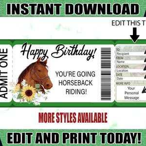 Reiten Geschenkgutschein Ticket - druckbare Geburtstagskarte für Reiten, herunterladbar, editierbar