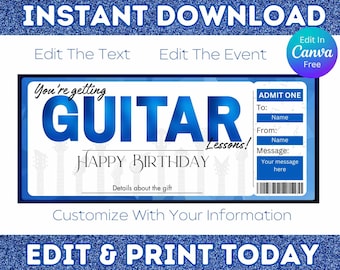 Boleto de regalo de cumpleaños para lecciones de guitarra, certificado para lecciones de guitarra, cupón para lecciones de guitarra