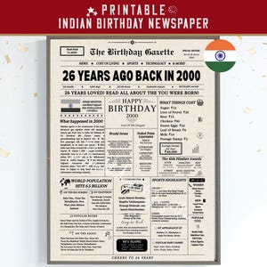 Peut inclure: Un journal d'anniversaire indien imprimable encadré, célébrant 26 ans. Le design présente des titres tels que "26 ans en 2000" et "Joyeux anniversaire 2000", avec des détails sur les événements mondiaux, les coûts et les faits sportifs. Le drapeau indien est affiché.
