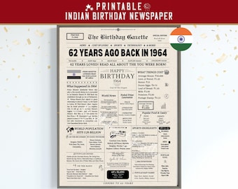 Back in 1964 India 62nd Birthday Newspaper Poster, 1964 Birth Year Facts & Highlights, Indian Edition, Instant Download