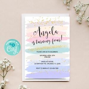 Pode incluir: Um convite de anivers&aacute;rio em cores pastel com detalhes de glitter dourado. O convite diz "Angela faz quatro anos!" e inclui os detalhes da festa, como a data, a hora e o local.