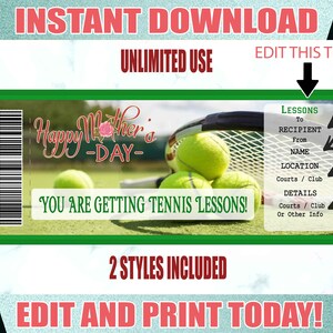 Billet de cours de tennis, billet de tennis de la fête des mères, billet de tennis imprimable, billet de cours de tennis modifiable fête des mères