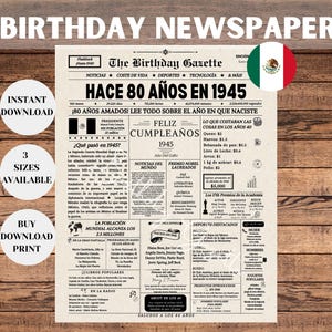 80e verjaardagskrant MEXICO, 80e verjaardagscadeau voor mannen of vrouwen, 80 jaar geleden terug in 1945, Mexicaanse krant downloaden, feestbord