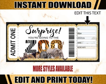 Zoo Printable Ticket. Surprise Zoo Ticket. Printable Zoo Gift Ticket. Editable Zoo Ticket. Printable Tickets.