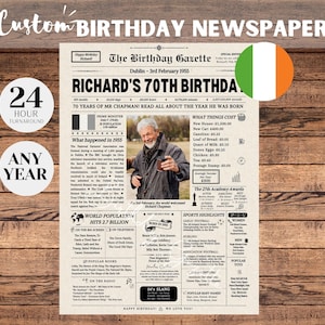 Cartel de periódico irlandés para el 70.º cumpleaños, regalo para el 70.º cumpleaños de 1955, hace 70 años, periódico irlandés.