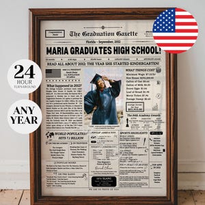 Periódico de graduación escolar, decoraciones de graduación de secundaria, regalo de felicitación para él o ella, letrero de "Regresó en 2012"