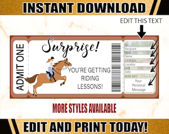 Peut inclure: Un design de billet marron avec le texte "Surprise! Vous recevez des cours d'équitation !" et une illustration d'une personne montant à cheval. Le billet comprend des champs modifiables pour le destinataire, la date et un message personnel.