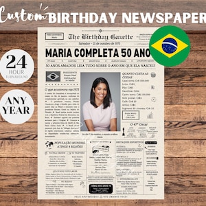 Afiche de periódico para el 50.° cumpleaños de BRASIL, regalo para el 50.° cumpleaños, datos sobre el año de nacimiento, hace 50 años en 1975, periódico brasileño personalizado