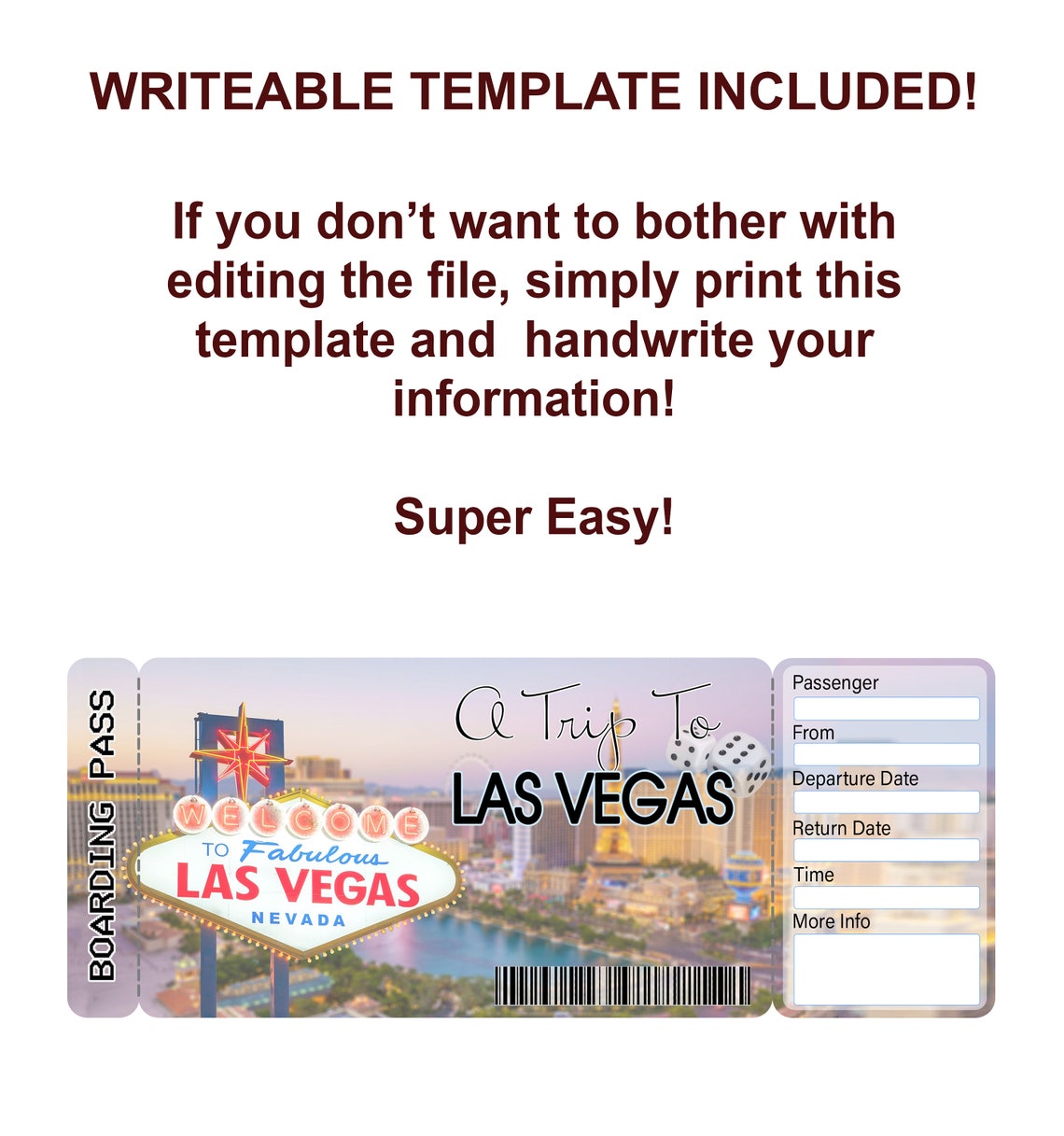 Las Vegas Boarding Pass Ticket Printable Airline Ticket Trip Etsy