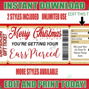 Puede incluir: Un certificado de regalo de perforación de orejas imprimible para Navidad. El certificado es rojo y dorado con el texto "Feliz Navidad Te vas a perforar las orejas". El certificado es personalizable con el nombre del destinatario, el nombre del donante y un mensaje.