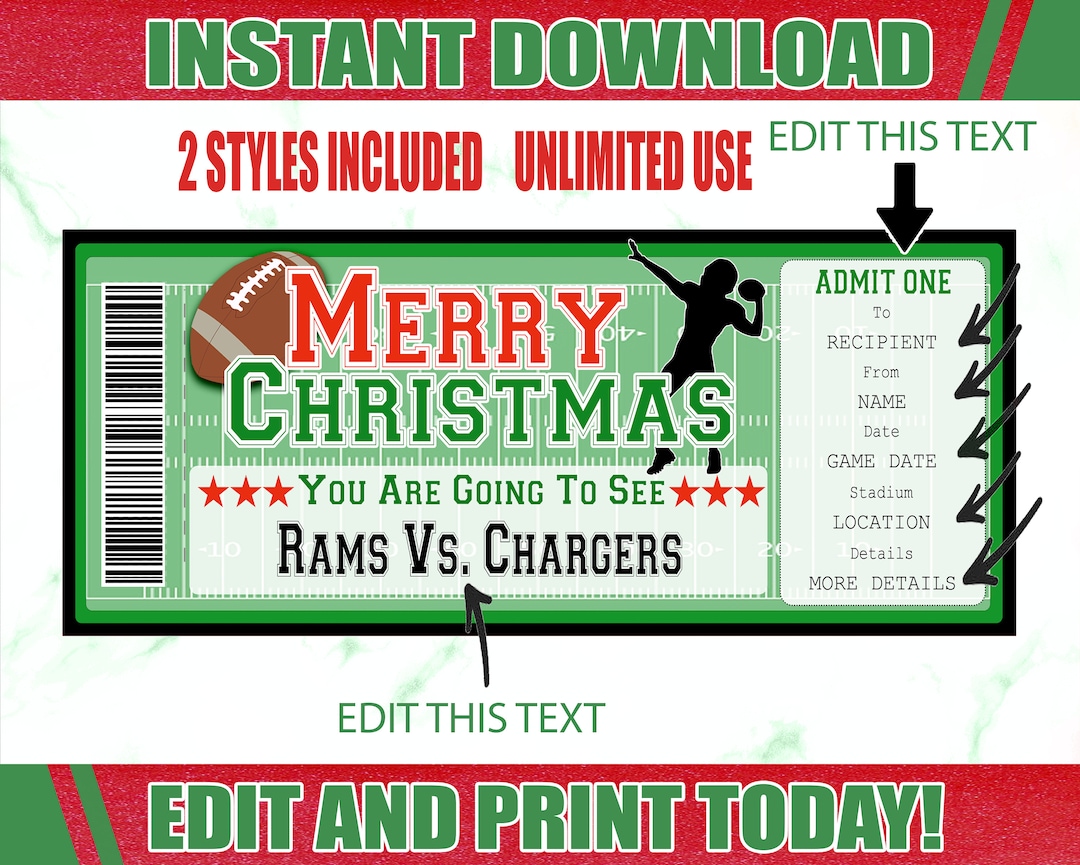 Football Game Ticket, Christmas Football Ticket, Printable Football