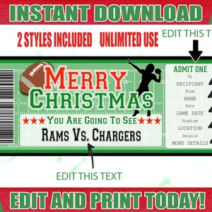 Football Game Ticket, Christmas Football Ticket, Printable Football Ticket, Editable Football Ticket