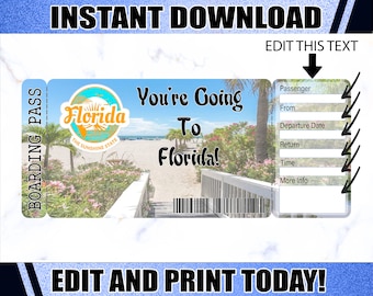 May include: A digital boarding pass design with the text "You're Going To Florida!" and a Florida logo. The design includes editable fields for passenger details, departure date, and more. The words "Instant Download" and "Edit and Print Today!" are also included.