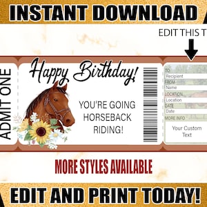 Reitticket, Happy Birthday Ticket, Geburtstagsgeschenkideen, Mädchen Geburtstagsgeschenk, druckbares Ticket, Pferdeliebhaber Geschenke