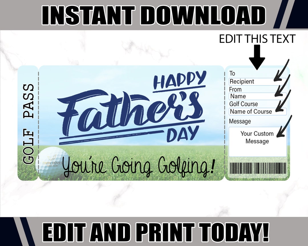 Golf Ticket Father's Day Golf Printable Certificate Editable Golf Gift