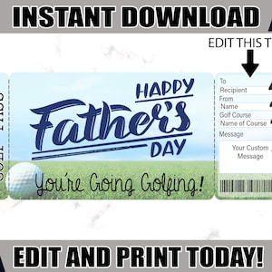 Golf Ticket Vatertag Golf druckbares Zertifikat Bearbeitbares Golf Geschenk druckbare Tickets. Vatertag Golf Geschenk Gutschein
