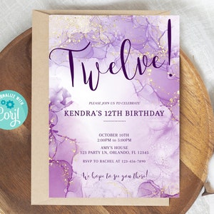 Convite de aniversário de amante roxo, roxo e dourado, convite para festa, convites de aniversário, modelo de convites editáveis