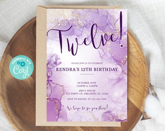 Purple Lover Birthday Invitation, Purple and Gold, Party Invite, Birthday Invitations, Editable Invitations Template