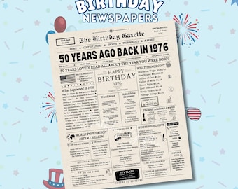 50th Birthday Newspaper Sign 1976, Easy Printable Birthday Gifts, 50th Birthday Gift for Men or Women, Back in 1976, Instant Download