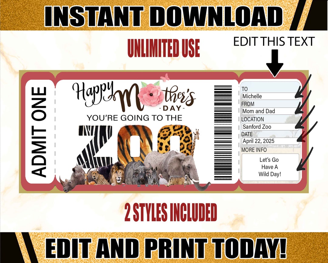 Zoo Mother's Day Gift Voucher Ticket Mothers Day Printable Certificate
