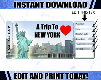 New York Boarding Pass Ticket, Printable Airline Ticket Trip Reveal, Printable Tickets, Surprise NY Trip Ticket Downloadable