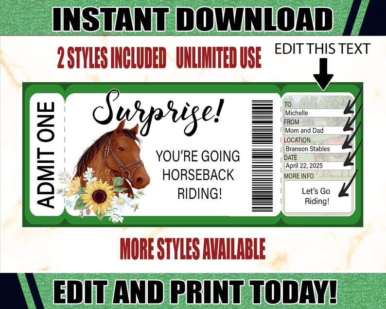 Horseback Riding Gift Certificate Ticket Printable Surprise - Etsy